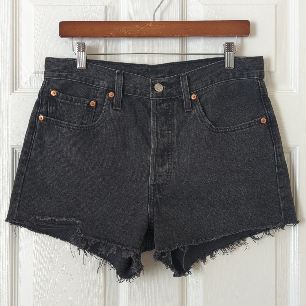 Levi's 501 Classic High Waisted Button Fly Cut Off Raw Hem Jean Shorts Black 30